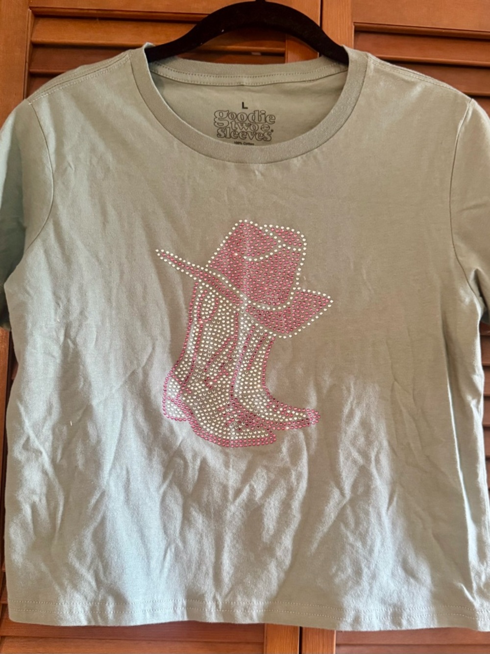 Goodie Two Sleeves Graphic T Shirt Womens L Green Rhinestone Cowgirl Hat Tee